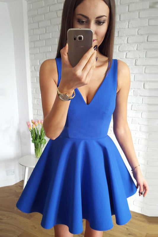 Cute Royal Blue Satin A Line V-Neck Short Homecoming Dress with Ruched Graduation Dress WK567