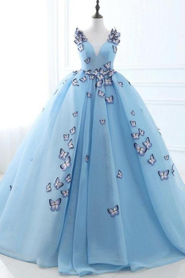 Ball Gown Long Sky Blue Butterfly V Neck Appliques Lace up Prom Quinceanera Dresses WK848