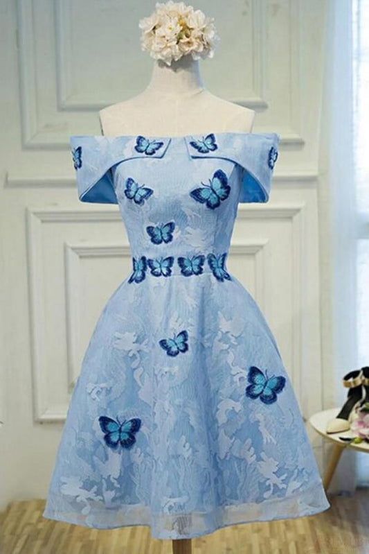 Cute A Line Sky Blue Lace Butterfly Appliques Off the Shoulder Homecoming Dresses WK977