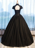 Black Tulle Cap Sleeve Long High Neck Beads Ball Gown Open Back Prom Dresses WK103