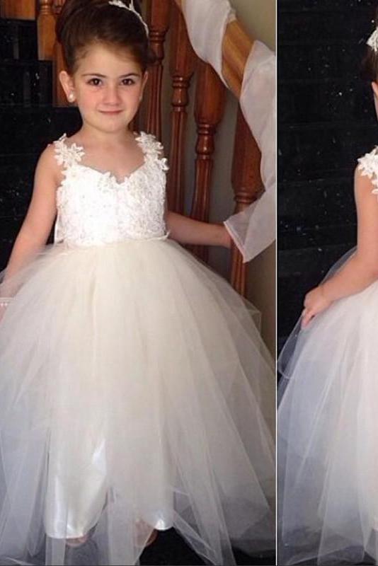 Ivory Sweetheart Lace Top Cute Tulle V Back Bowknot Flower Girl Dresses WK120