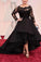 A Line Bateau Long Sleeves Lace Asymmetrical Satin Black Plus Size Prom Dresses WK195