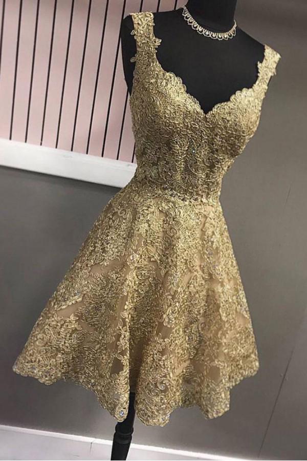 Cute A Line Gold V Neck Lace Appliques Short Prom Dresses Homecoming Dresses WK888