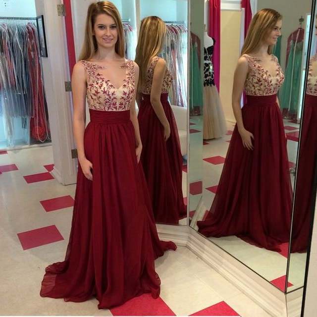 Hot Sales Lace Chiffon Champagne V-Neck Open Back Long Cheap Wine Red Prom Dresses WK31