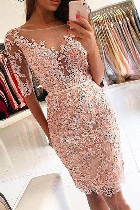 Sheath Pink Lace Appliques Beads Homecoming Dresses with Half Sleeve Prom Dresses WK833