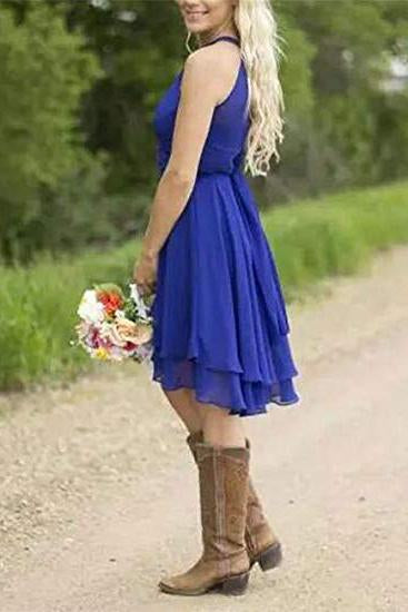 Short A Line Halter Chiffon Blue Bridesmaid Dresses Cheap Prom Dresses WK805