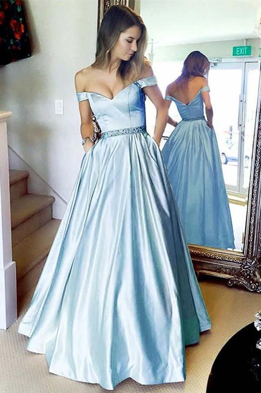 Simple A-Line Off the Shoulder Blue Long Sweetheart Prom Dress with Pockets WK623