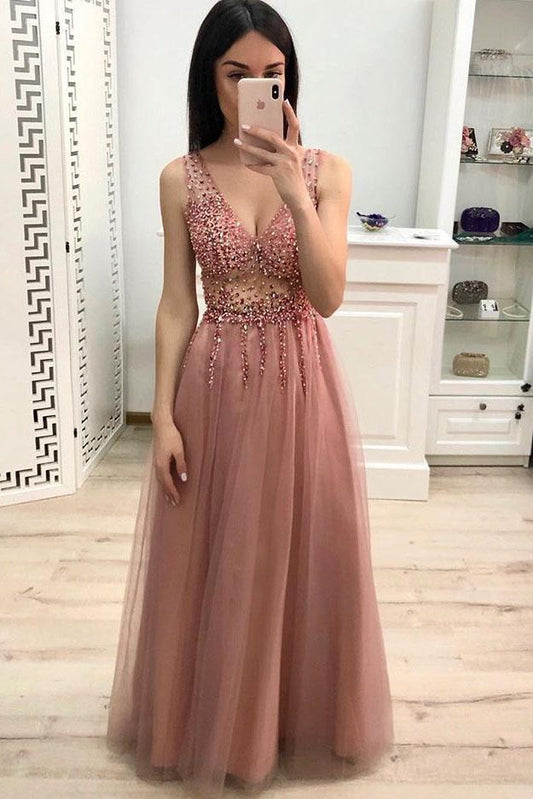 Simple A Line V Neck Prom Dress with Beading and Sequins Long Party Dress WK892