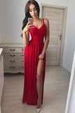 Simple A line Red Spaghetti Straps Chiffon Prom Dresses V Neck Side Slit Evening Dress WK537