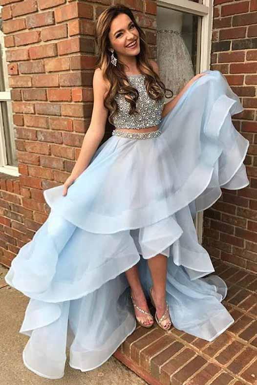 Simple Light Blue Two Pieces High Low Beads Sleeveless Prom Dresses with Tulle P1027