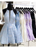 Simple Lilac Jacquard Floral Homecoming Dresses with Pocket Halter Graduation Dresses WK949
