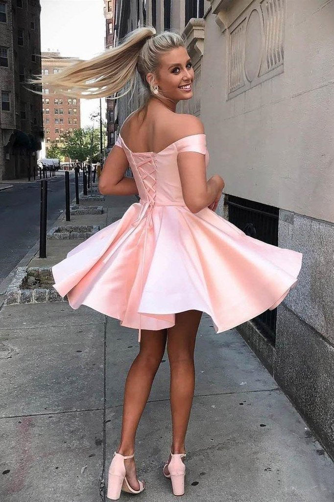 Simple Off the Shoulder Pink Homecoming Dresses Cheap Lace up Homecoming Dress H1030