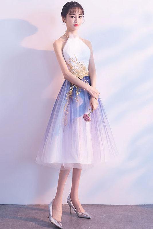 Simple Tulle White and Blue Ankle Length Halter Backless Sleeveless Graduation Dresses H1005