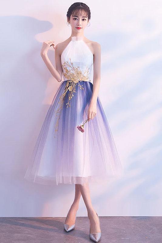 Simple Tulle White and Blue Ankle Length Halter Backless Sleeveless Graduation Dresses H1005