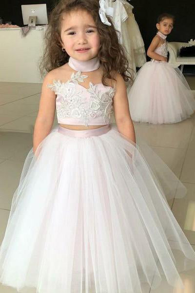 Simple Two Piece Ball Gown Halter Blush Pink Flower Girl Dresses with Appliques WK881