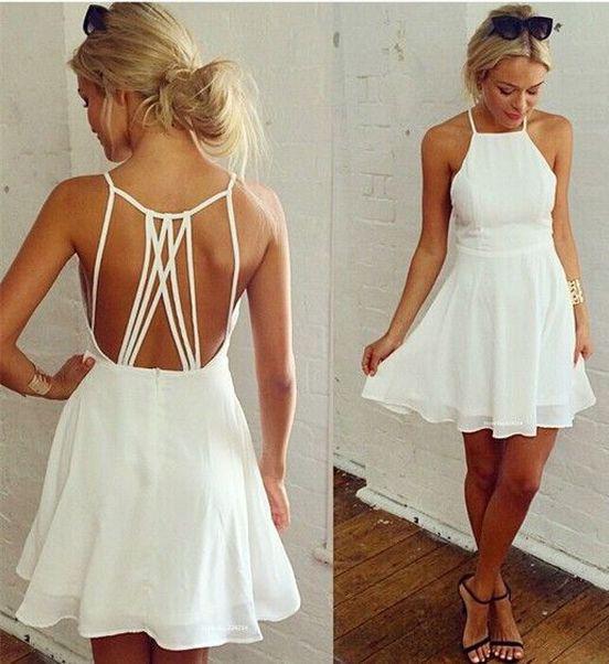 Simple White Spaghetti Straps Prom Dress Open Back Evening Dress Homecoming Dress H1081