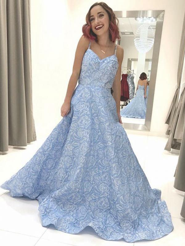 Sky Blue Floral Spaghetti Straps Prom Dresses Lace Appliques Backless Evening Dress WK608