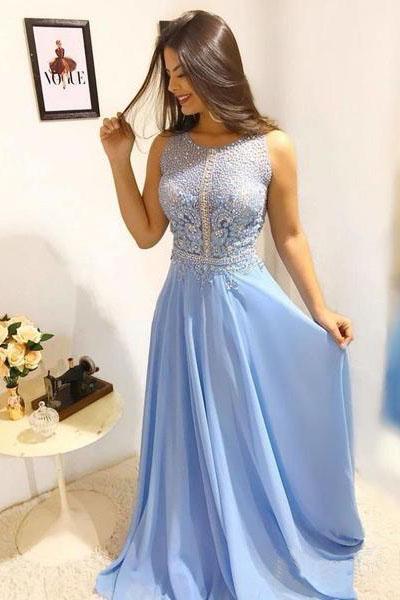 Sky Blue Long Scoop Chiffon Formal Dresses Long Beads Sleeveless Prom Dresses WK434