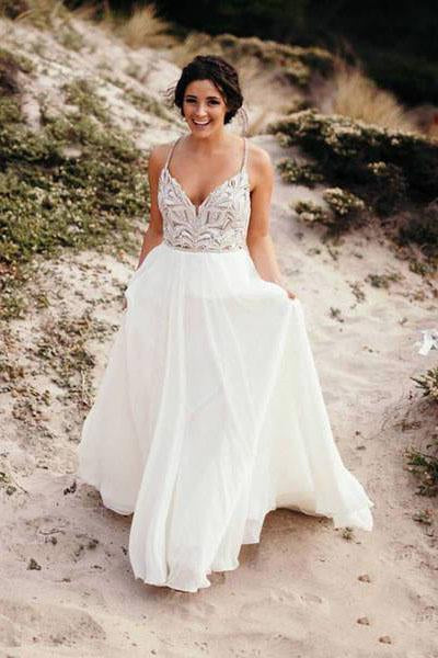 Spaghetti Strap Beaded Wedding Dress Ivory Chiffon V Neck Rustic Wedding Dresses WK478