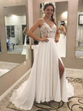 A Line V Neck Open Back Chiffon Ivory Lace Long Lace up Wedding Dresses with Appliques WK968