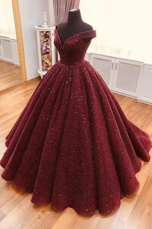 Sparkle Ball Gown V Neck Burgundy Off the Shoulder Prom Dress Quinceanera Dresses P1037