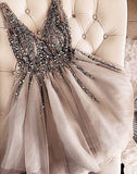 Sparkle Short Grey Sequins Party Dress V Neck Tulle Backless Homecoming Dresses H1141