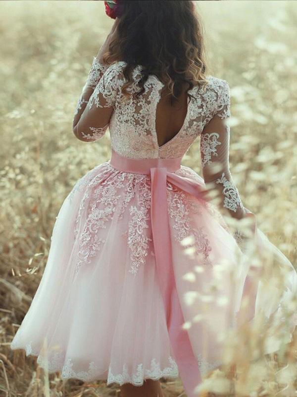 A-Line Pink Long Sleeves Sweetheart Lace Tulle Short Mini Homecoming Dresses WK575