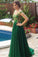 A Line Appliques Cheap Sweetheart Round Neck Green Tulle Long Prom Dresses WK54
