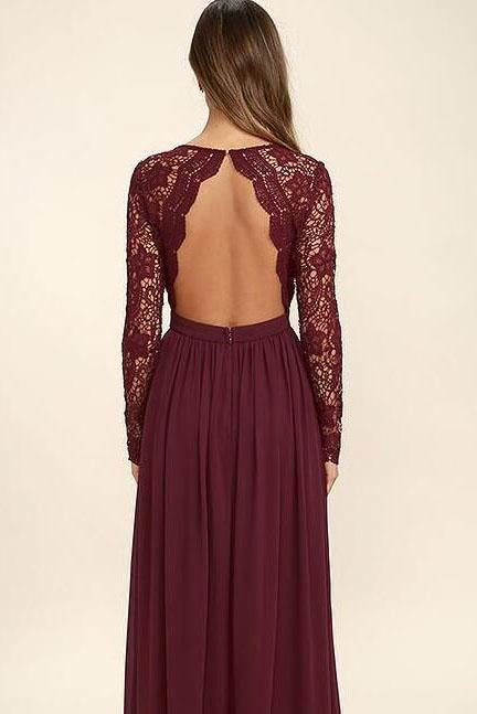 Long Sleeves V-Neck Lace Chiffon Open Back Floor-Length A-Line Burgundy Bridesmaid Dress WK168