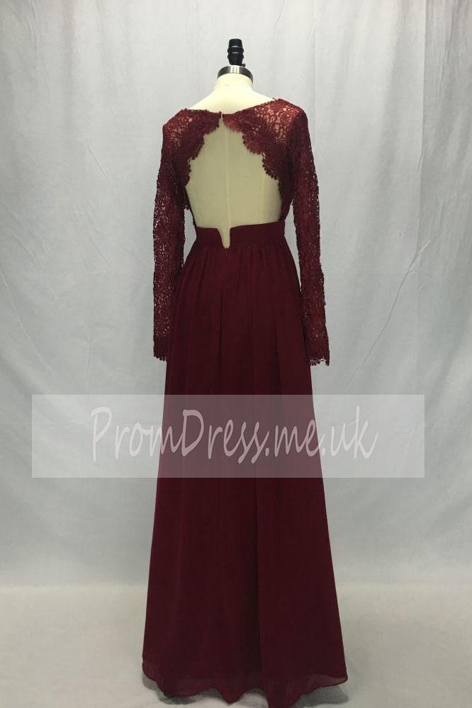 Long Sleeves V-Neck Lace Chiffon Open Back Floor-Length A-Line Burgundy Bridesmaid Dress WK168