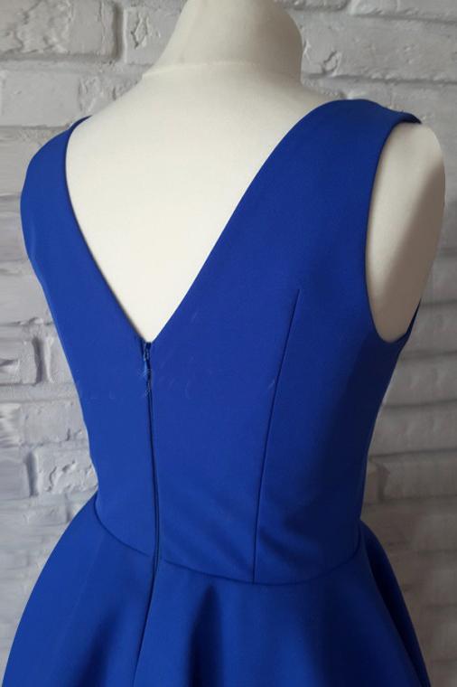 Cute Royal Blue Satin A Line V-Neck Short Homecoming Dress with Ruched Graduation Dress WK567
