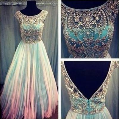 Unique Custom Ball Gown Long Scoop Backless Beaded Bodice Tulle Long Prom Dresses WK67