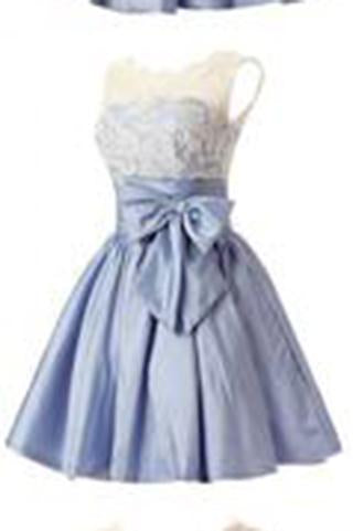 Fashion A-line Scoop Short Taffeta Blue Homecoming/Bridesmaid Dress With Bowknot WK478