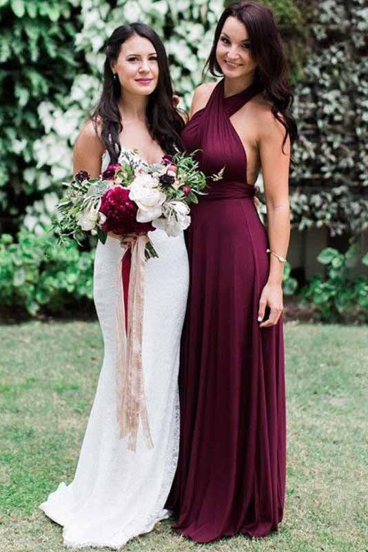 Charming Burgundy A-Line Halter Backless Maroon Chiffon Bridesmaid Dress with Sash WK16