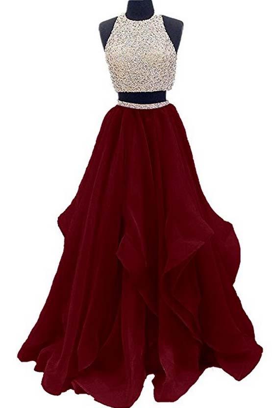 Two Piece High Neck Burgundy Prom Dress Beaded Open Back Evening Gowns WK499