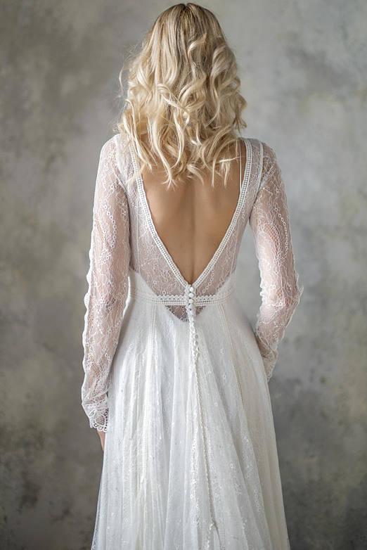 Elegant A Line V Neck Long Sleeve Ivory Lace Backless Beach Boho Wedding Dresses WK872