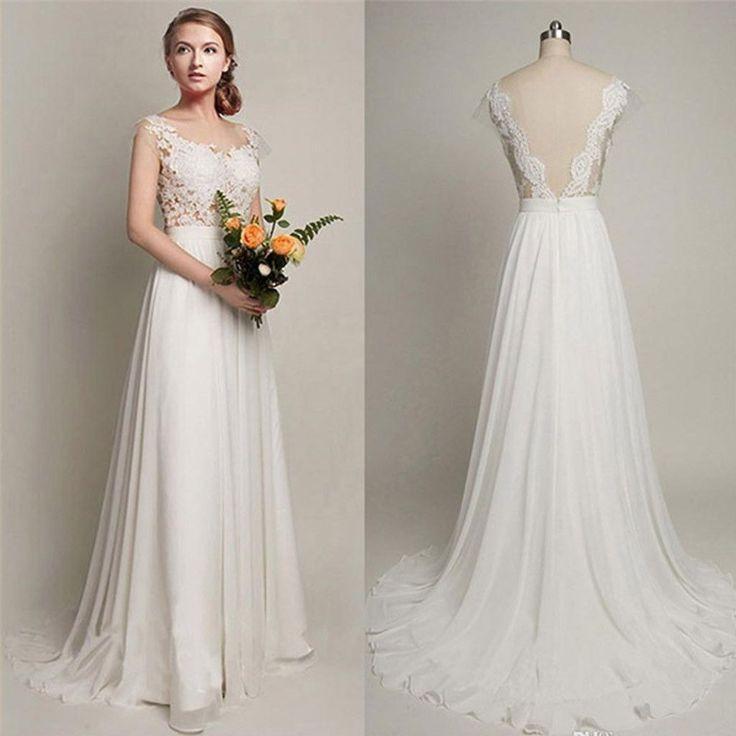 Back V Cap Sleeve Lace Cheap Chiffon High Quality Beach A-line Ivory Wedding Dresses WK227