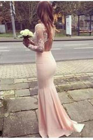 Modest Prom Dress High Neck Lace Pink evening dress Long Open Back Prom Dresses WK641