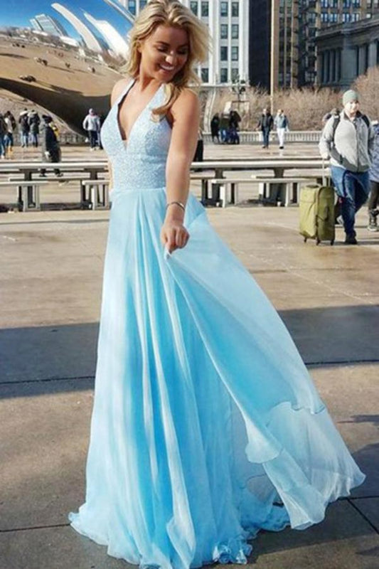 Elegant A-Line Deep V-Neck Blue Chiffon Sequins Sleeveless Prom Dresses WK521