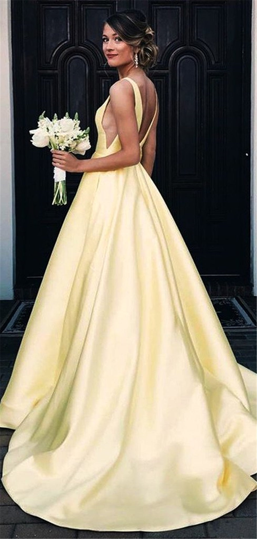 A Line Yellow V Neck Prom Dresses Satin Backless Lace up Long Evening Dresses WK626