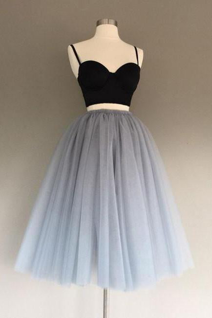Two Pieces Black and Silver Short Tulle Sweetheart Spaghetti Strap Homecoming Dress WK200