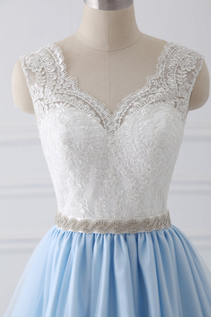 A-Line V-Neck Lace Top Sky Blue Skirt Cheap Sweetheart Tulle Satin Prom Dresses with Sash WK156