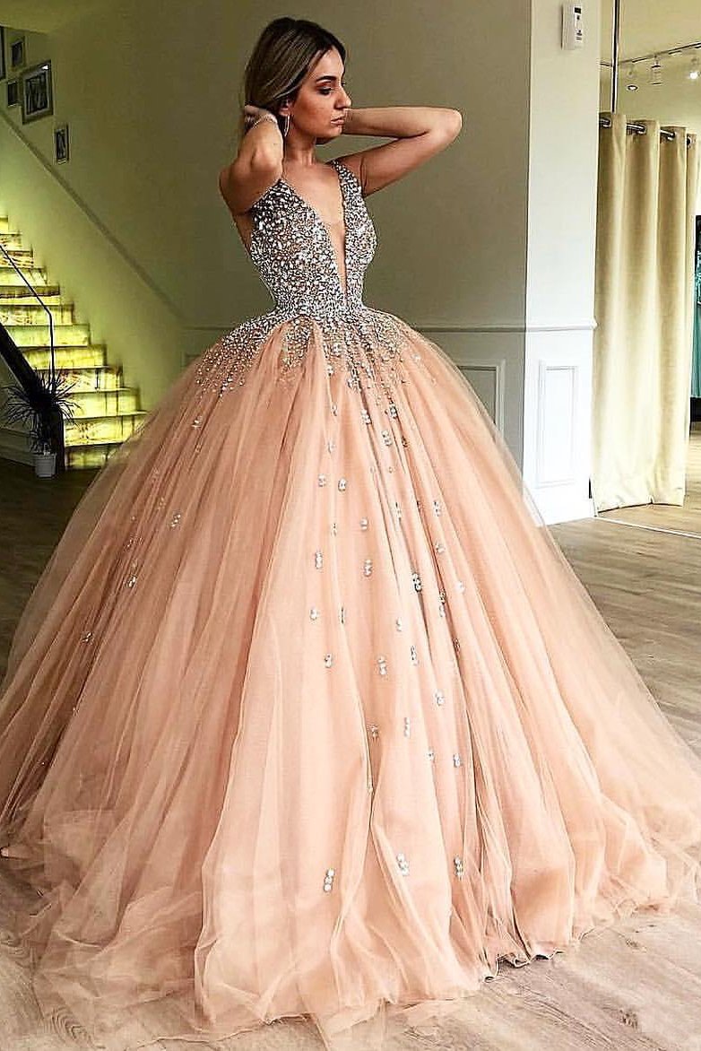 Unique Ball Gown V Neck Sleeveless Beading Tulle Prom Dresses, Quinceanera Dress PW989
