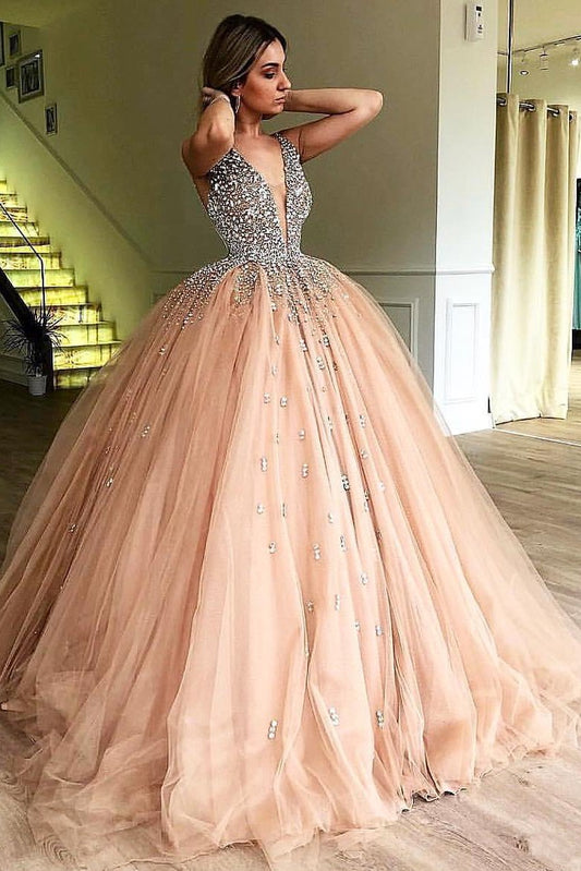 Unique Ball Gown V Neck Sleeveless Beading Tulle Prom Dresses Quinceanera Dress WK989
