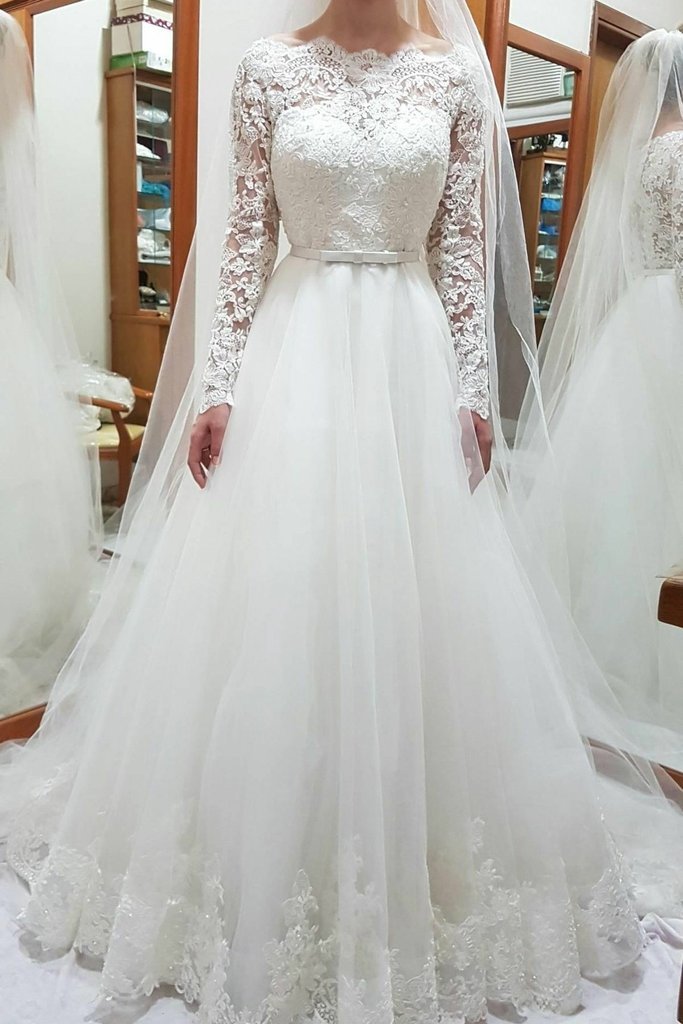 Unique Bateau Lace and Tulle Wedding Dresses Long Sleeves Bridal Dresses WK656