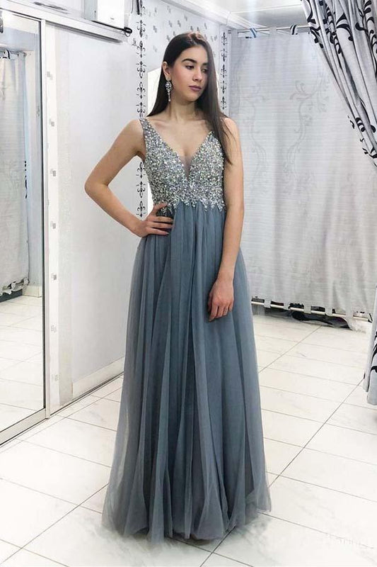 Unique Grey Beads Long Prom Dresses V Neck Tulle Cheap Evening Dresses WK637
