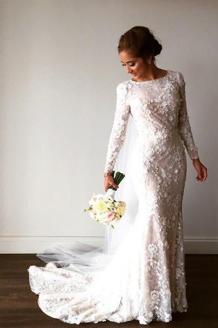 Unique Long Sleeve Mermaid Lace Wedding Dresses with Beads Wedding Gowns WK828