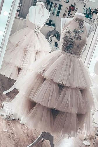 Unique Short Layered Tulle High Neck Backless Short Prom Dress, Homecoming Dresses PW938
