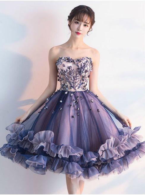 Unique Strapless Sweetheart Purple Sleeveless Homecoming Dresses with Flowers H1044