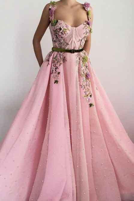 Unique Sweetheart Spaghetti Straps Prom Dresses with Flowers Pockets PW751